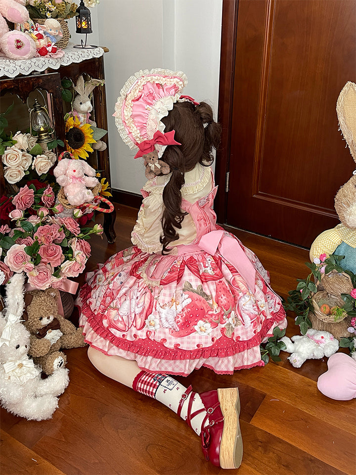 Mewroco~Strawberry Cat~Sweet Lolita Dress Suit JSK and Salopette with Cat Prints