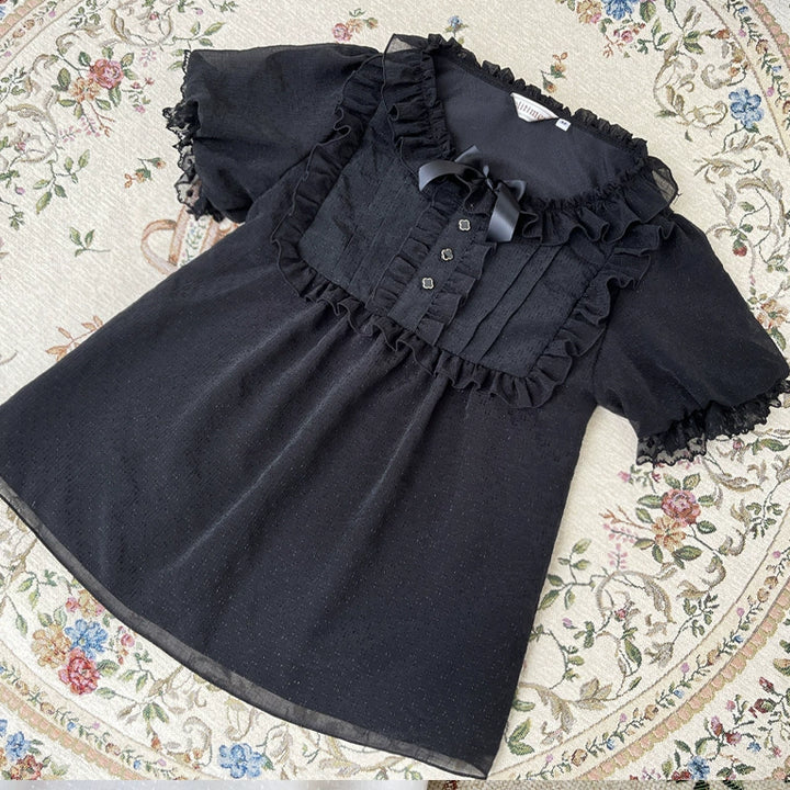 Sweet Date~Wedding Lolita Dress Bridal Elegant Retro JSK Daily Lolita Shirt S Black short-sleeved shirt only 