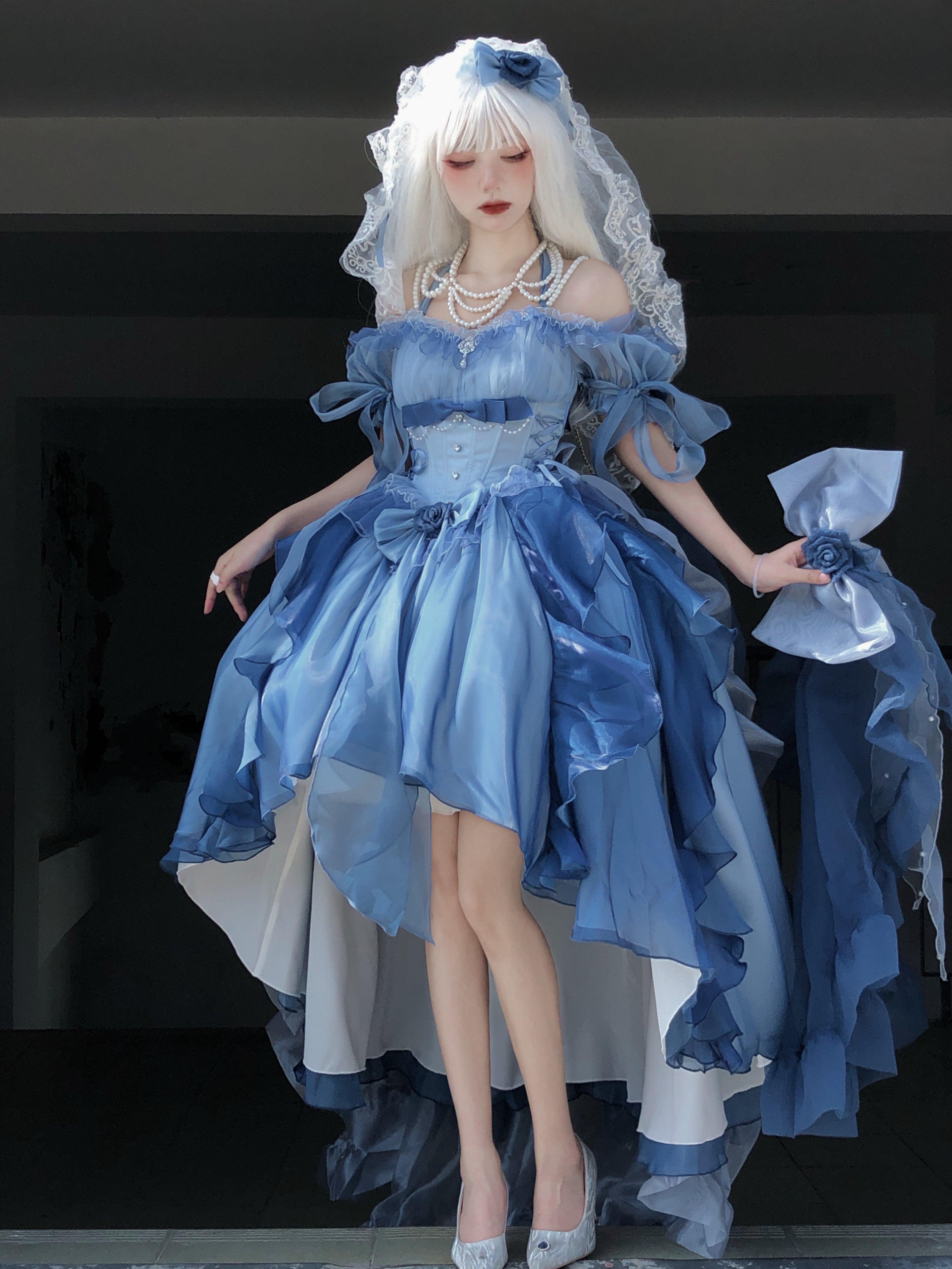 Meowing and fruity - Elegant Lolita Gradient Dark Blue Prom Dress Set