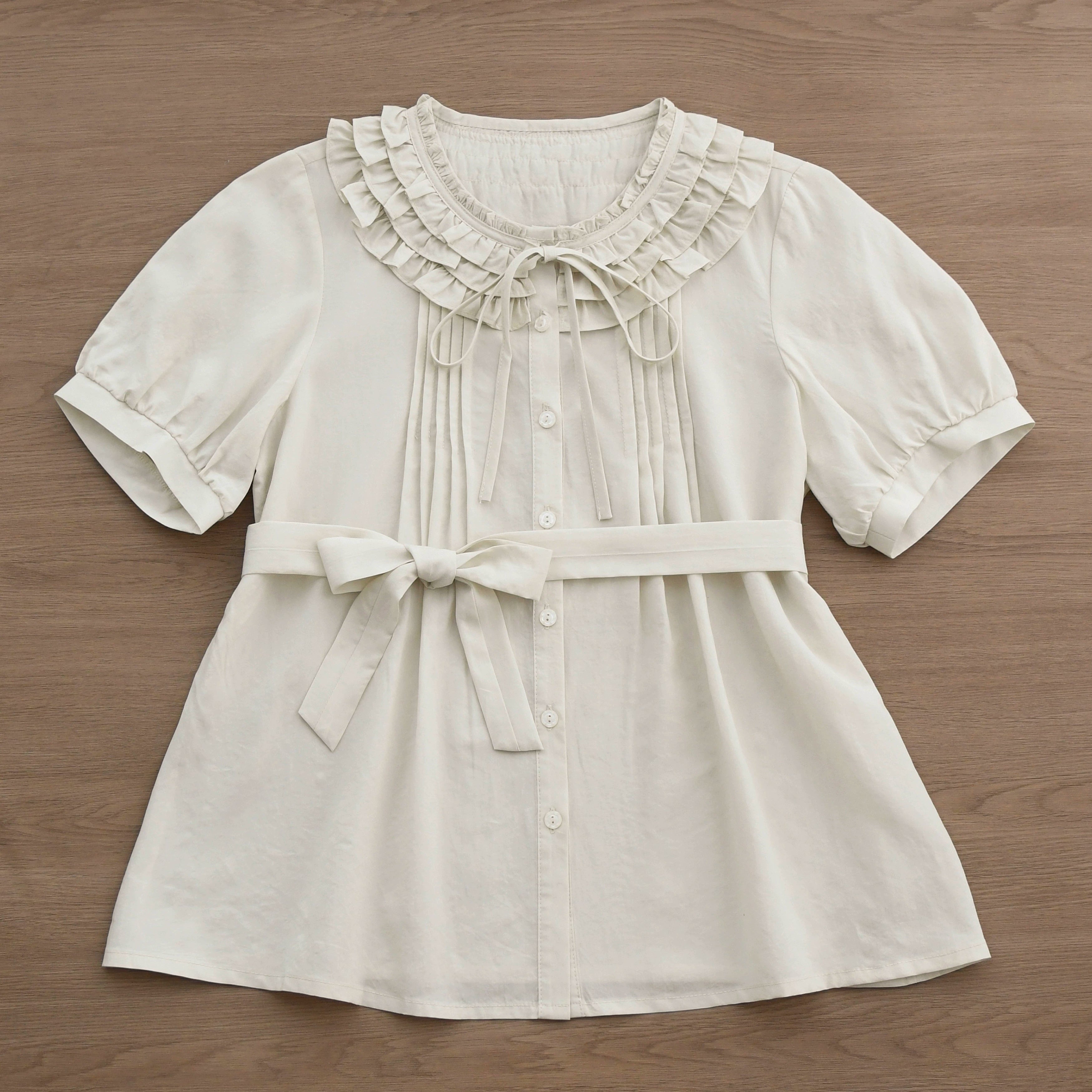 MIST - Vernal Stream - Lightweight Kawaii Lolita Blouse, Detachable Waist Tie Ivory S