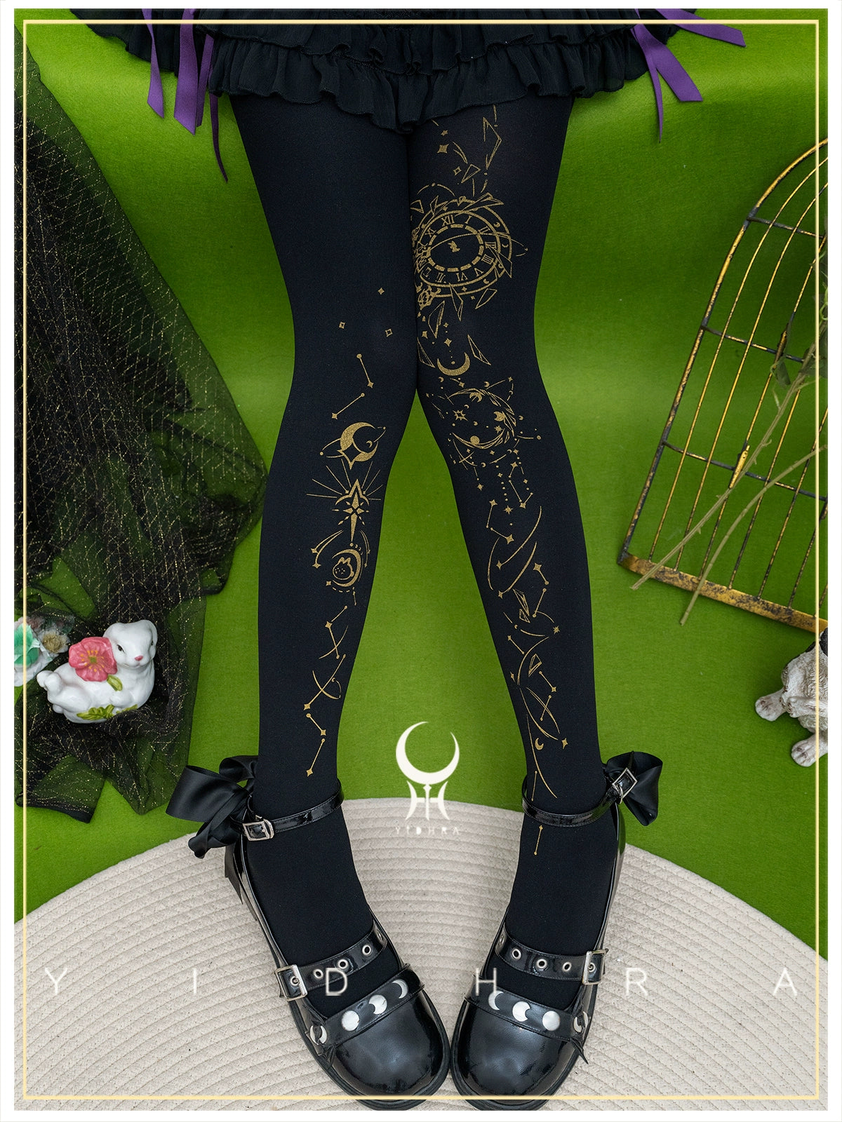 Yidhra - Gothic Lolita Pantyhose Printing Lolita Tights A pair of black-gold pantyhose (120D) One Size