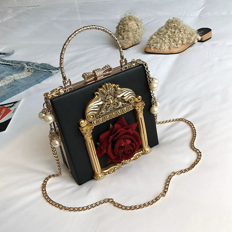 Prime Sister - Gothic Lolita Retro Bag Baroque Square Crossbody Bag Black (Rose Pattern)