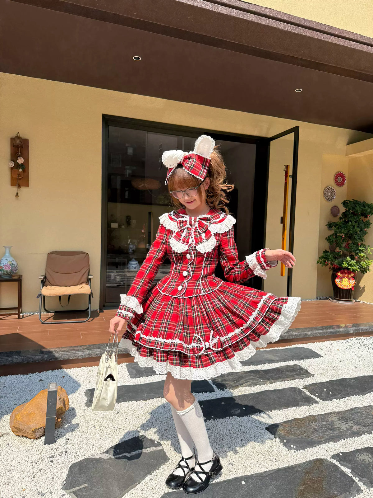 Christmas Knot - Christmas Old School Lolita Jacket & Skirt Set, Red Plaid 46051:873305