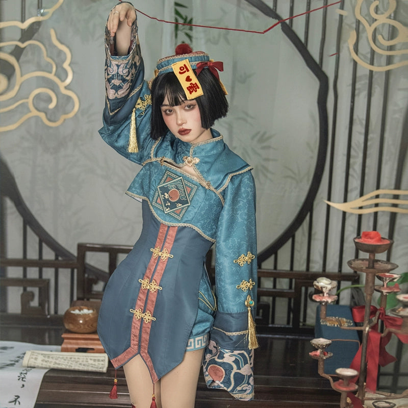 Sakurahime~Kawaii Lolita Blue-green Sun Embroidery JSK Dress Set XS shorts+coat+hat+a side clip 