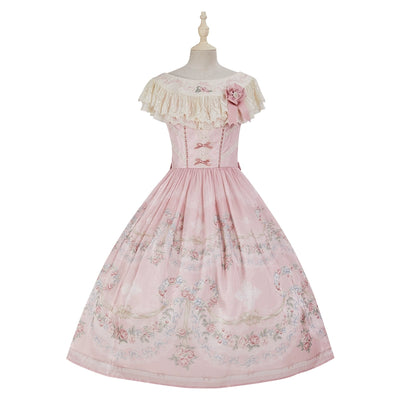 Midsummer Story~Velandri Gardens~Elegent Lolita JSK Dress Off Shoulder Dress with Cape XS Collar JSK- Pink 