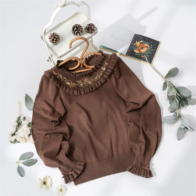 (BFM)NyaNya~Long Sleeve Knit Lolita Sweater Embroidered Innerwear a sweater only S brown (pinecone embroidery)