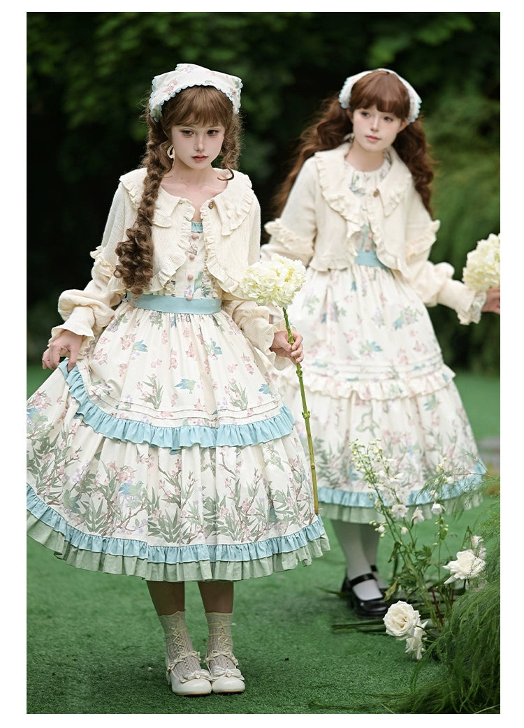 With PUJI - Oriole Time - Country Lolita JSK and OP Dress, Floral and Bird Print 44048:794556