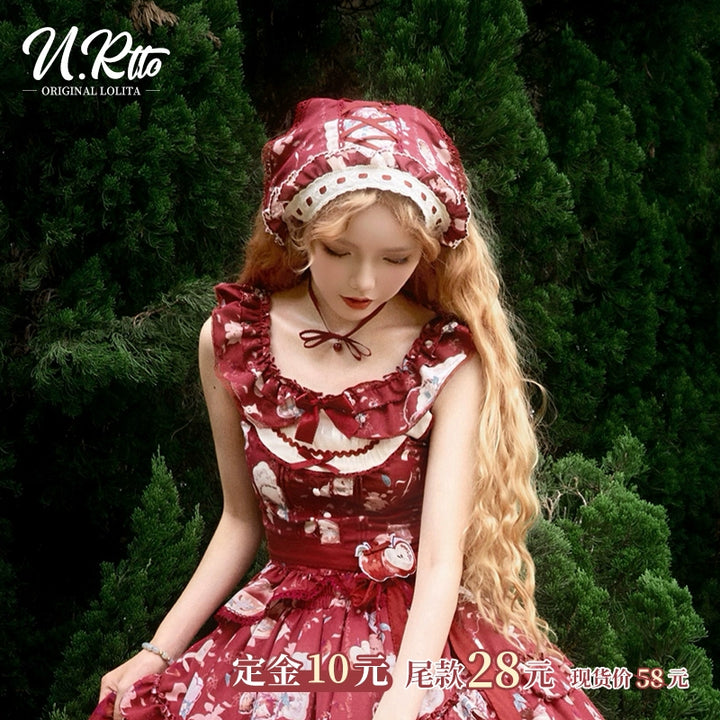 Urtto~Apple Tea~Country Lolita Dress Elegant Floral Print JSK Dress S Triangle Scarf - Red 