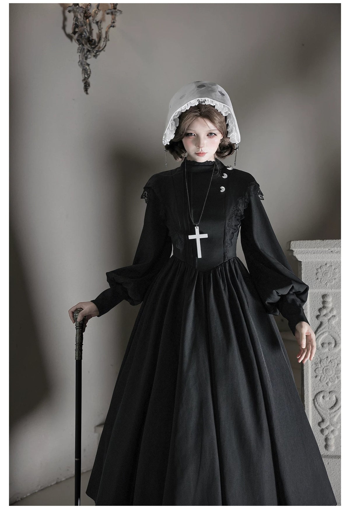 Moon Phase - Gothic Lolita OP Dress Set, Detachable Cross-Shaped Apron 46035:873416