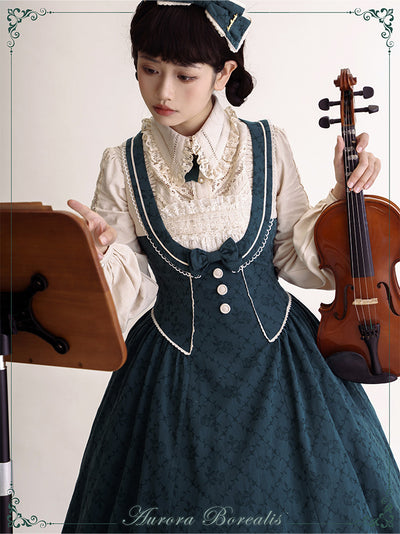 (BFM)Aurora Borealis~Rose Waltz~Elegant Vintage Lolita Collared Vest JSK Dress XS solid color dark green jacquard 