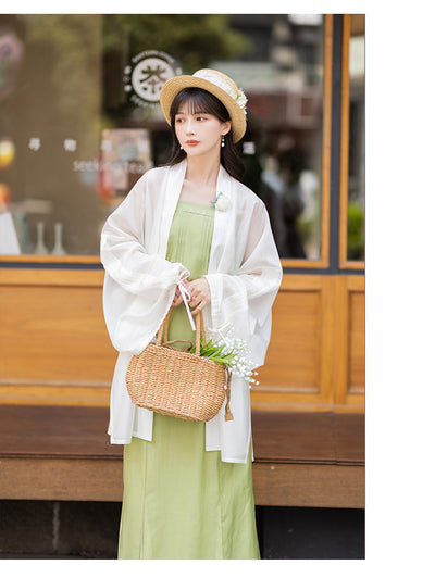 Chixia~Green Plum~Han Lolita Green-White Side Split Skirt Set brooch(free size) S 