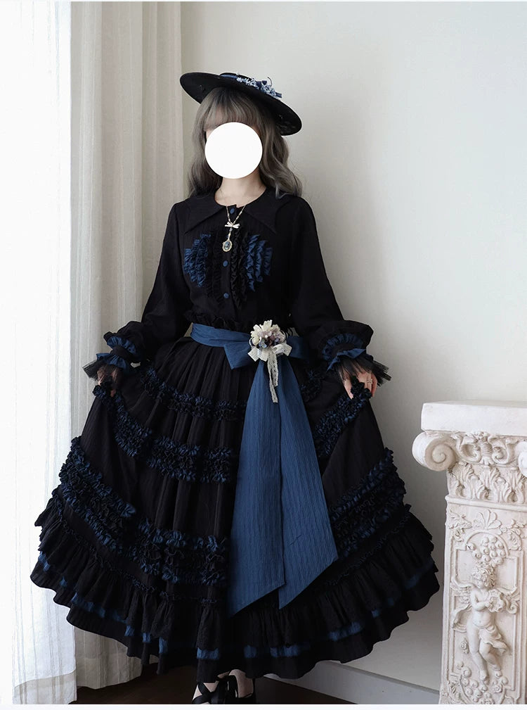 Wings and Bouquet - Dark Classic Lolita Blouse and SK Set, Layered Blue Ruffles 45680:858312