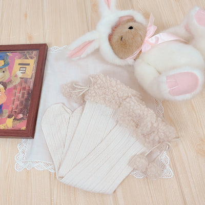 Dolly Doll~Little Bean Cake~Cute Winter Plush Mid-Calf Lolita Socks Free size Cream White+Beige Plush Edge 
