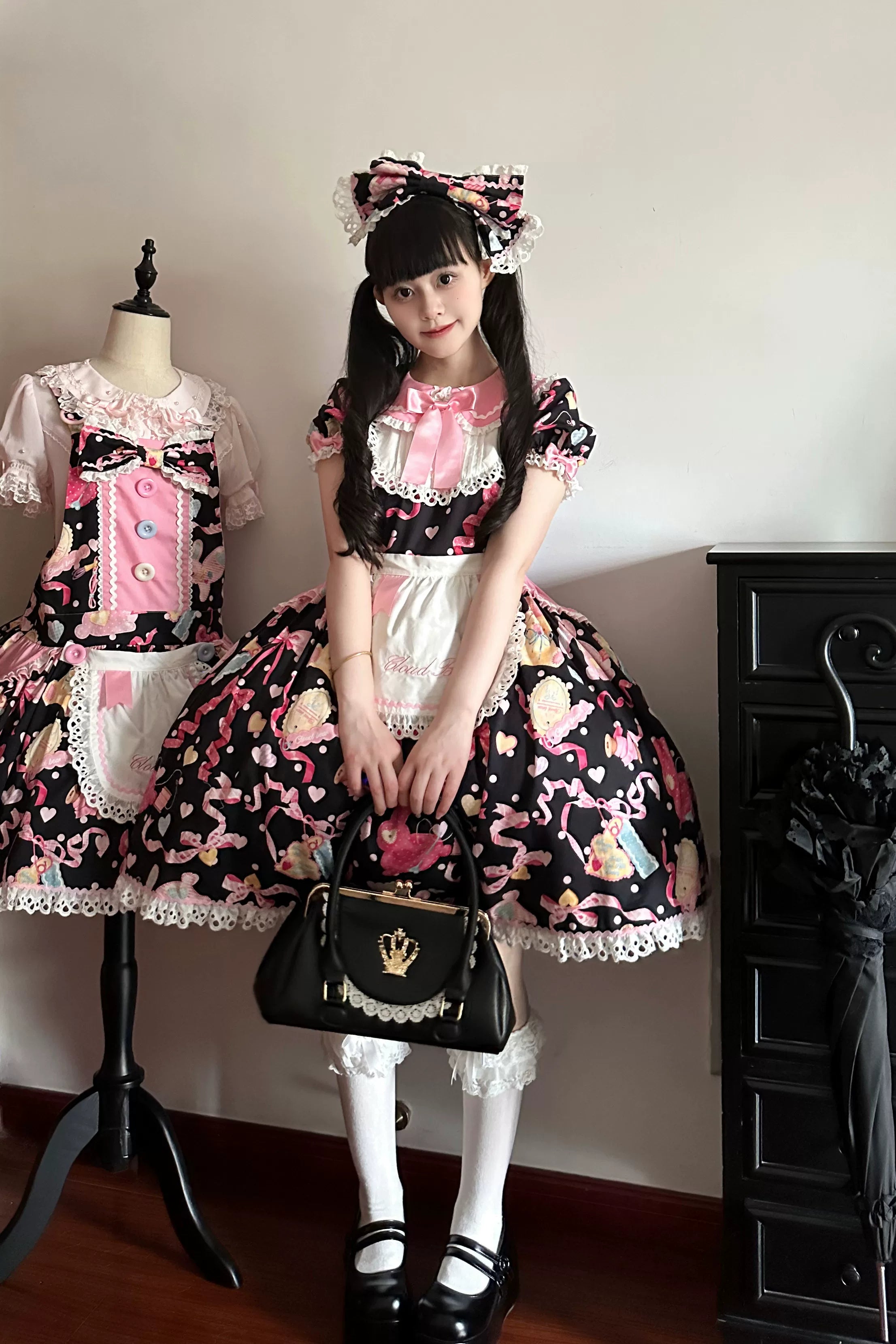 Little Bunny Tag - Sweet Lolita Bunny Printed OP & Salopette, Detachable Apron 45718:859517