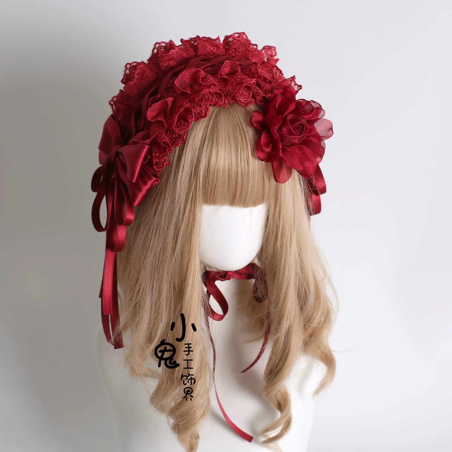 Dark Red Gorgeous Headdress, Floral Veils 1. Hairband (with fixed clip)