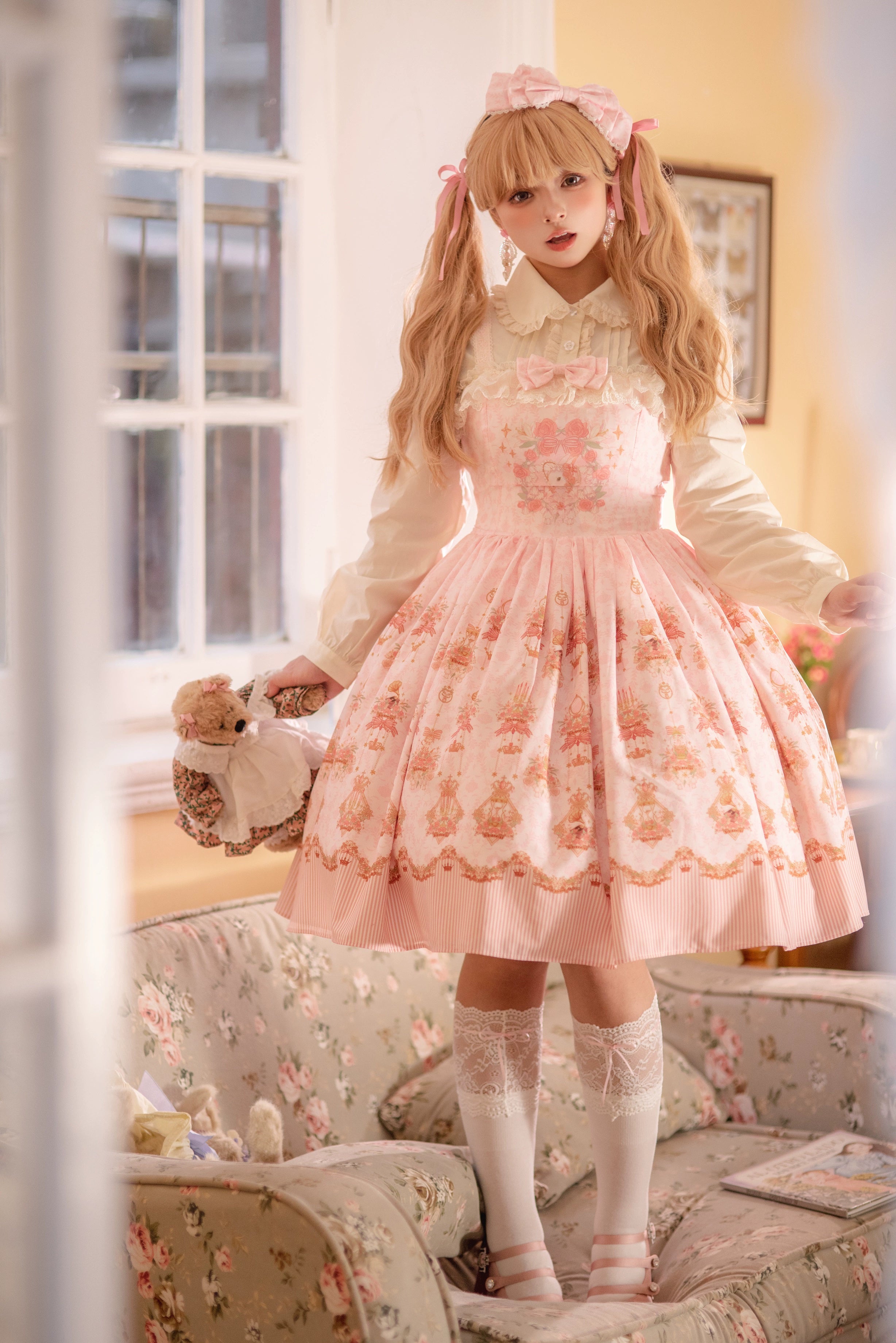 Strawberry Witch - Rose Garden Bunny - Daily Lolita Rose Bunny Printing OP JSK Dress Set S pink JSK