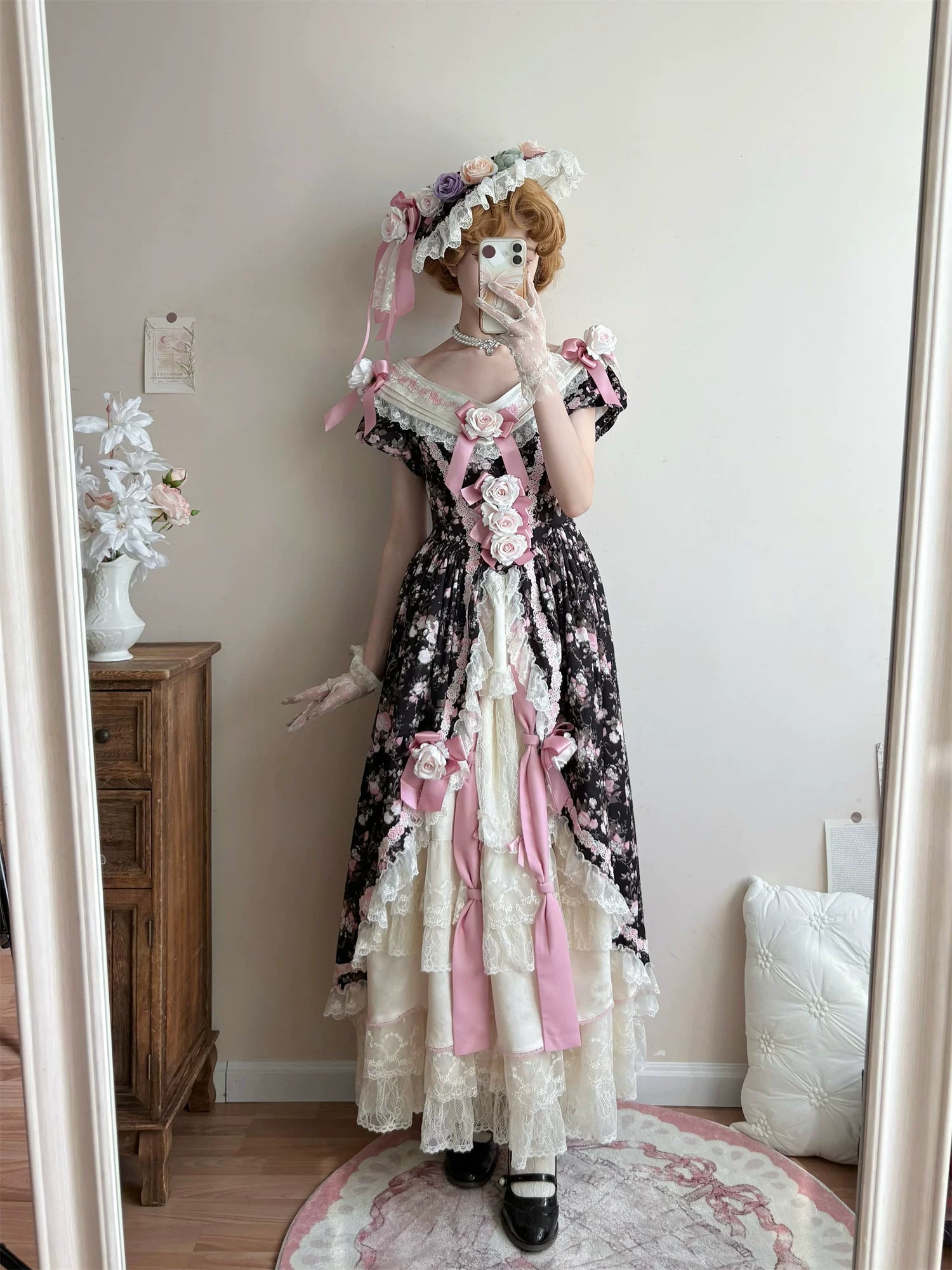 Dolota Flower Wall - Classic Lolita Floral OP Dress, Open Shoulder 44485:811136
