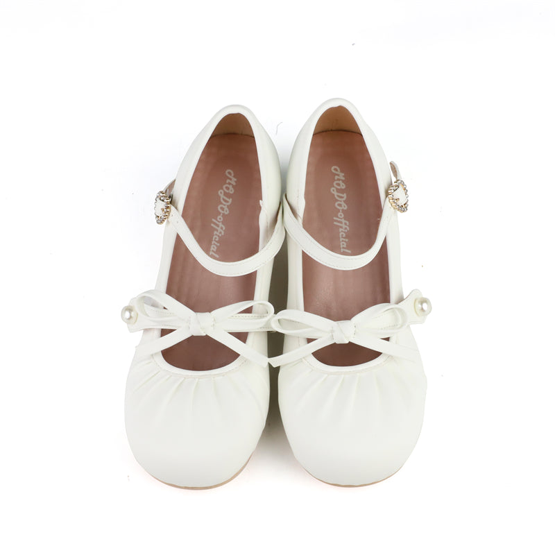 MODO~Glimmer Ballet~Elegant Lolita Shoes Low Chunky Ballet Round-toe Heels Off-white 35