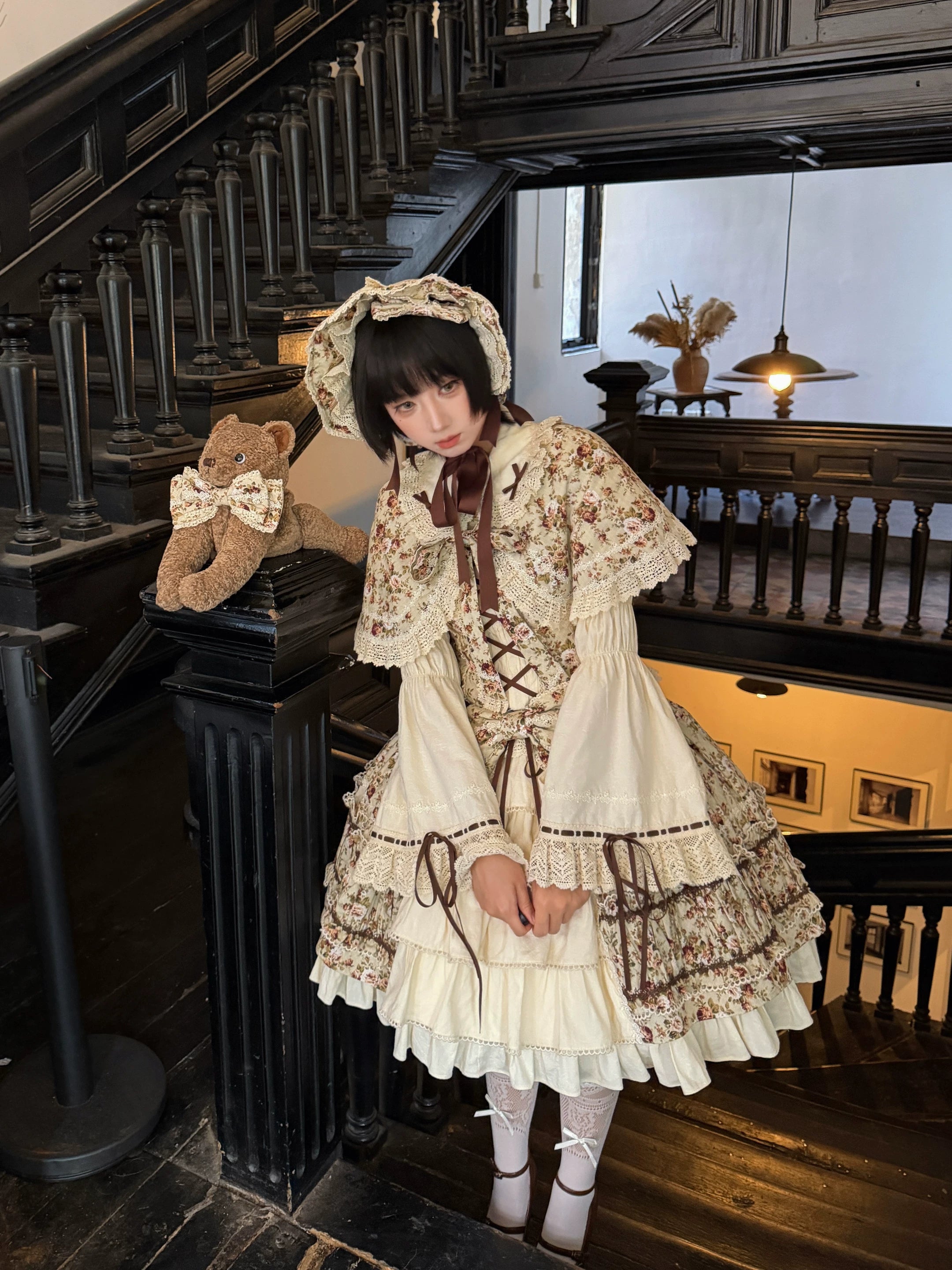 Old Rose Garden - Cotton Old School Lolita Top & Skirt Set, Floral Print 45886:866546