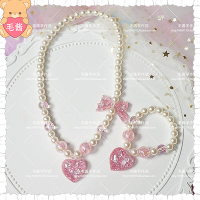 MaoJiang Handmade~Kawaii Lolita Necklace Gradient Choker Pink heart necklace + bracelet  
