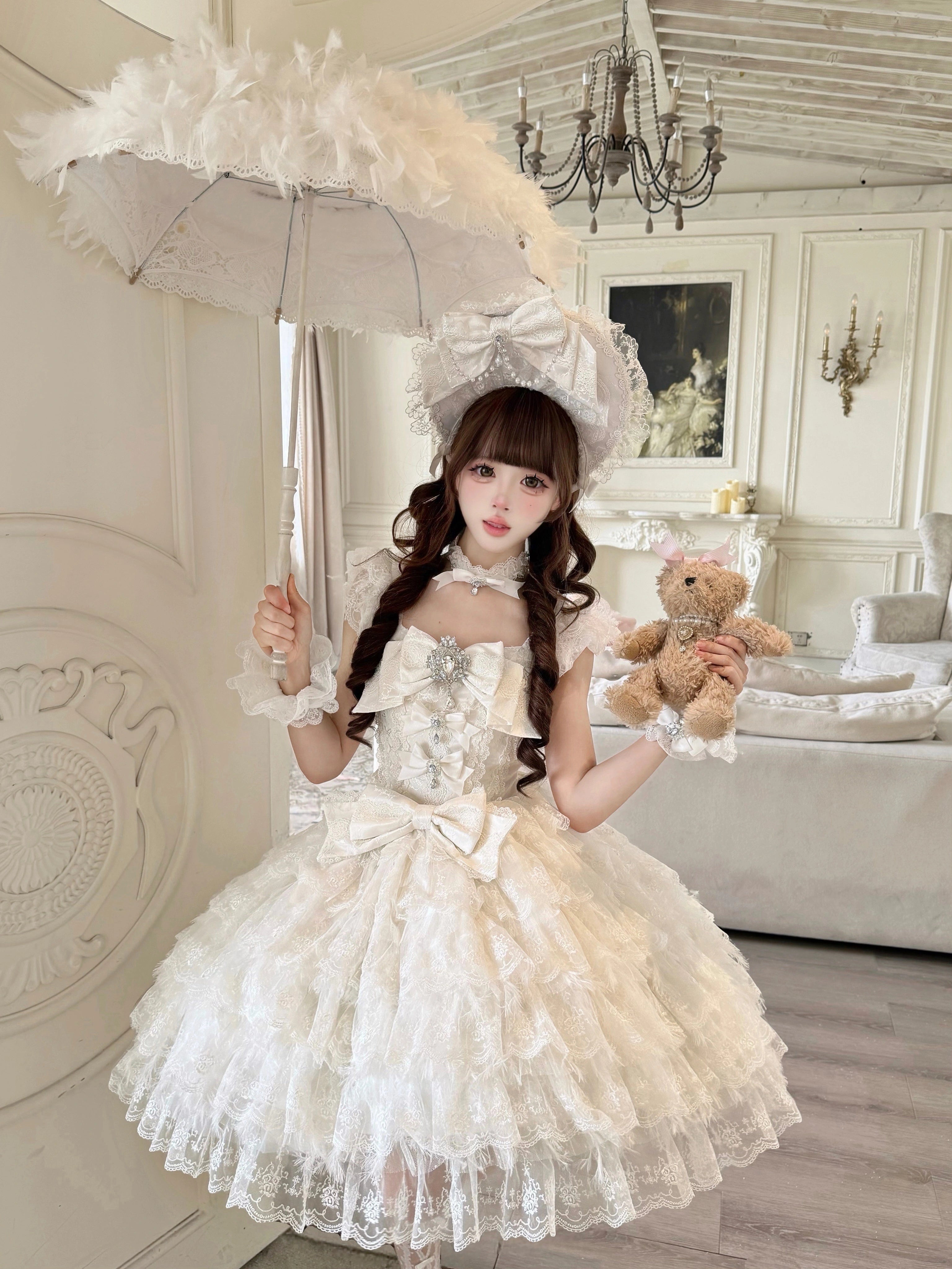 Sugar Girl - Snow Feather - Wedding Sweet Lolita JSK Dress, Multi-layered Lace Skirt (L M S) 44125:797429