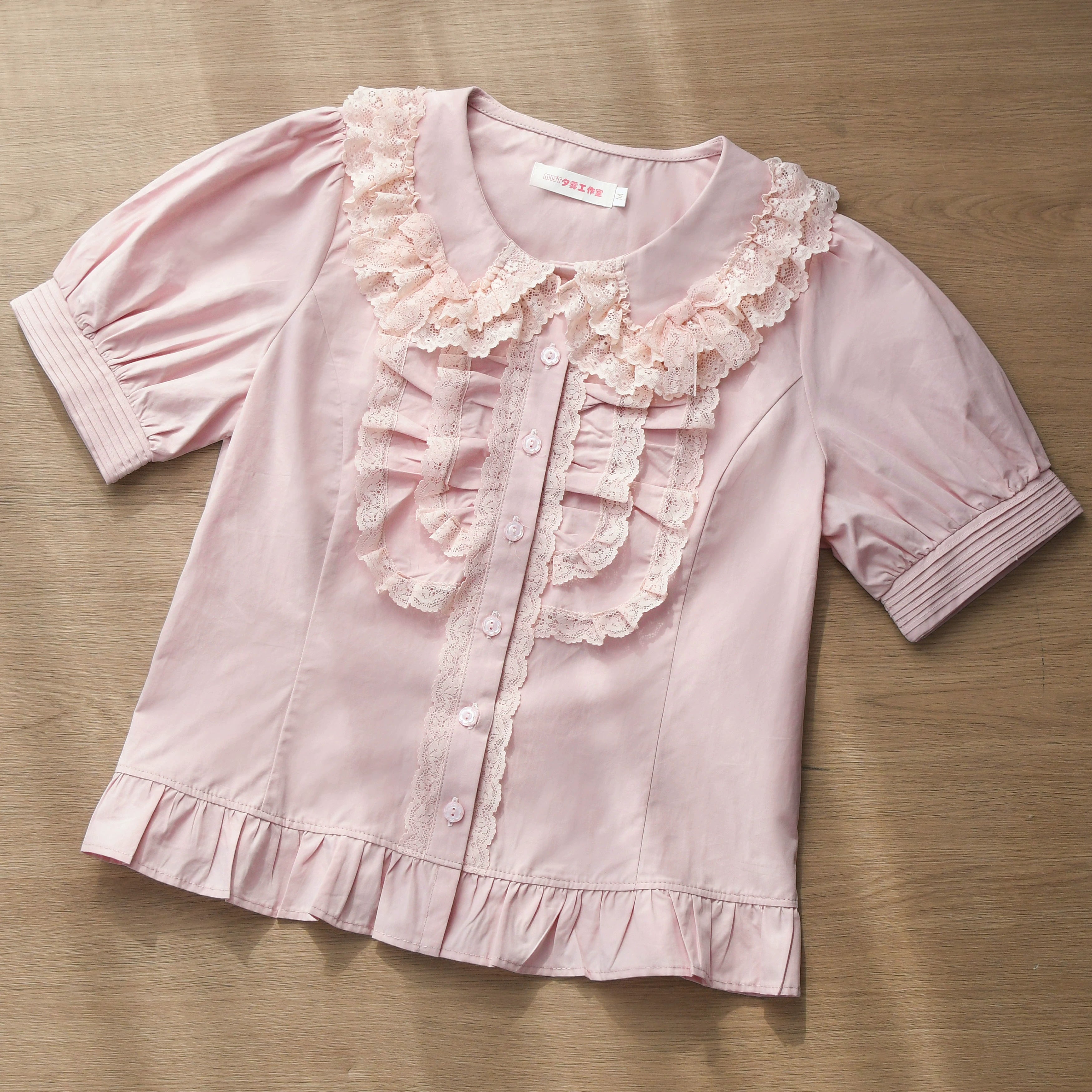 MIST - Semi-sweet Milk Cake - Sweet Lolita Short Sleeve Blouse with Lace Peter Pan Collar Lotus Root pink - In Stock S