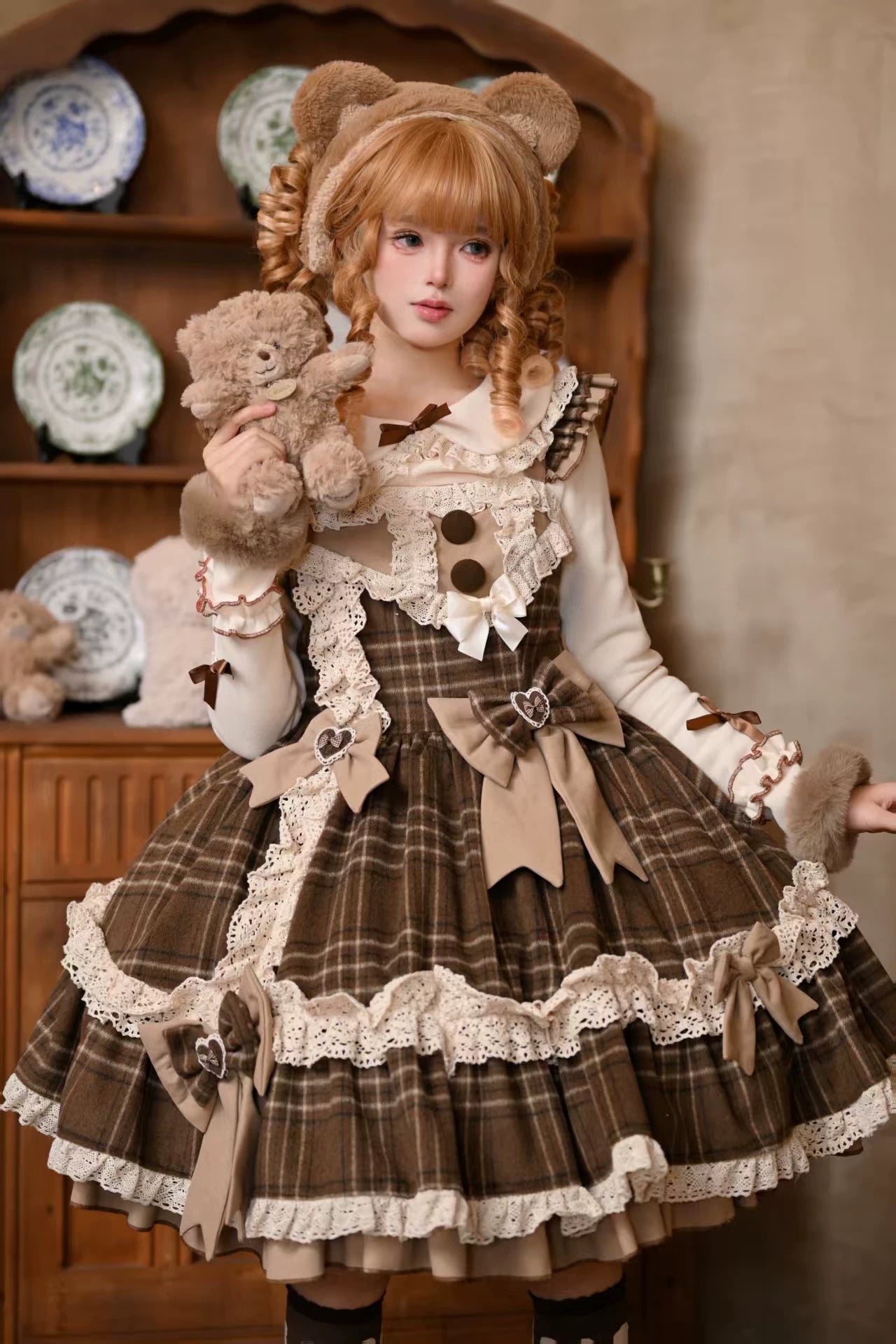 Choco Chestnut - Plaid Kawaii Lolita JSK Dress, Peter Pan Collar Cape 44501:810603