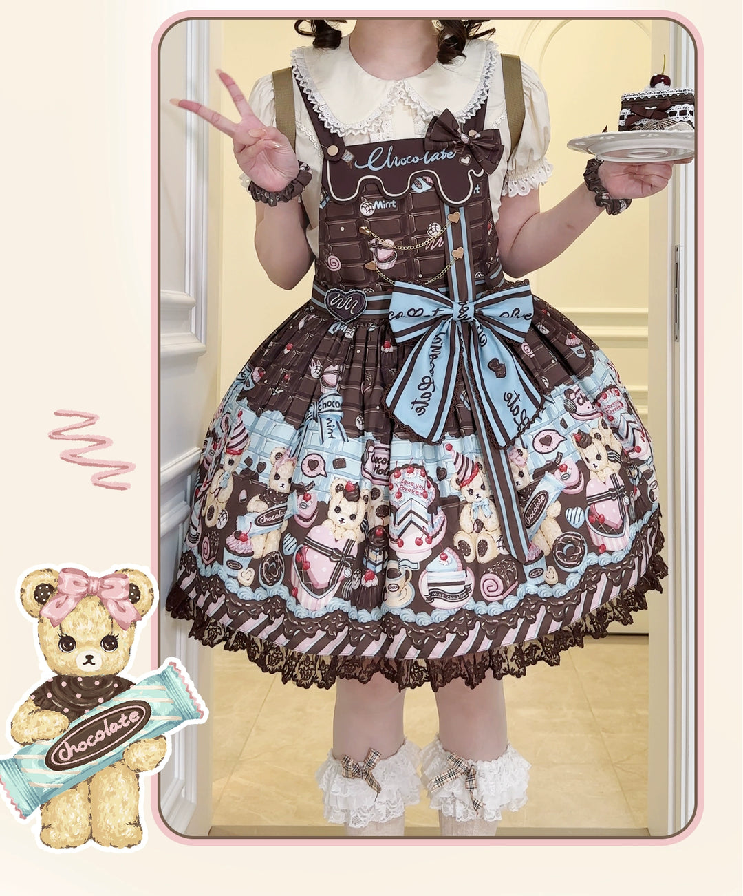 Sweet Dream Sheep~Chocolate Bear~Sweet Lolita Salopette High Waist Dress   