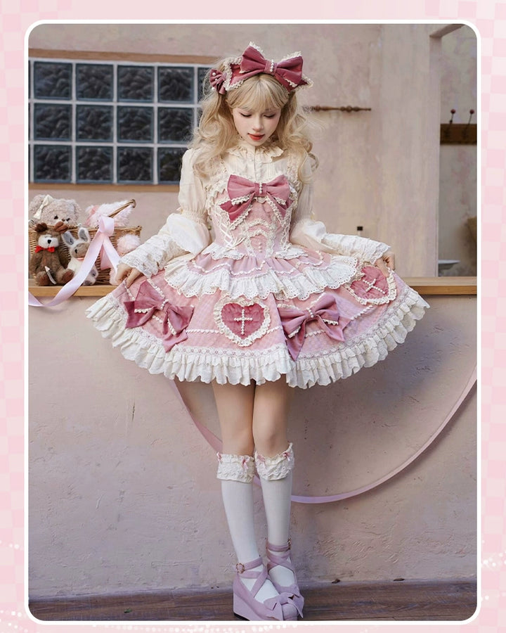 Sakurahime~Cross Sweetheart~Pink Sweet Lolita JSK Dress Doll Lolita Short Dress