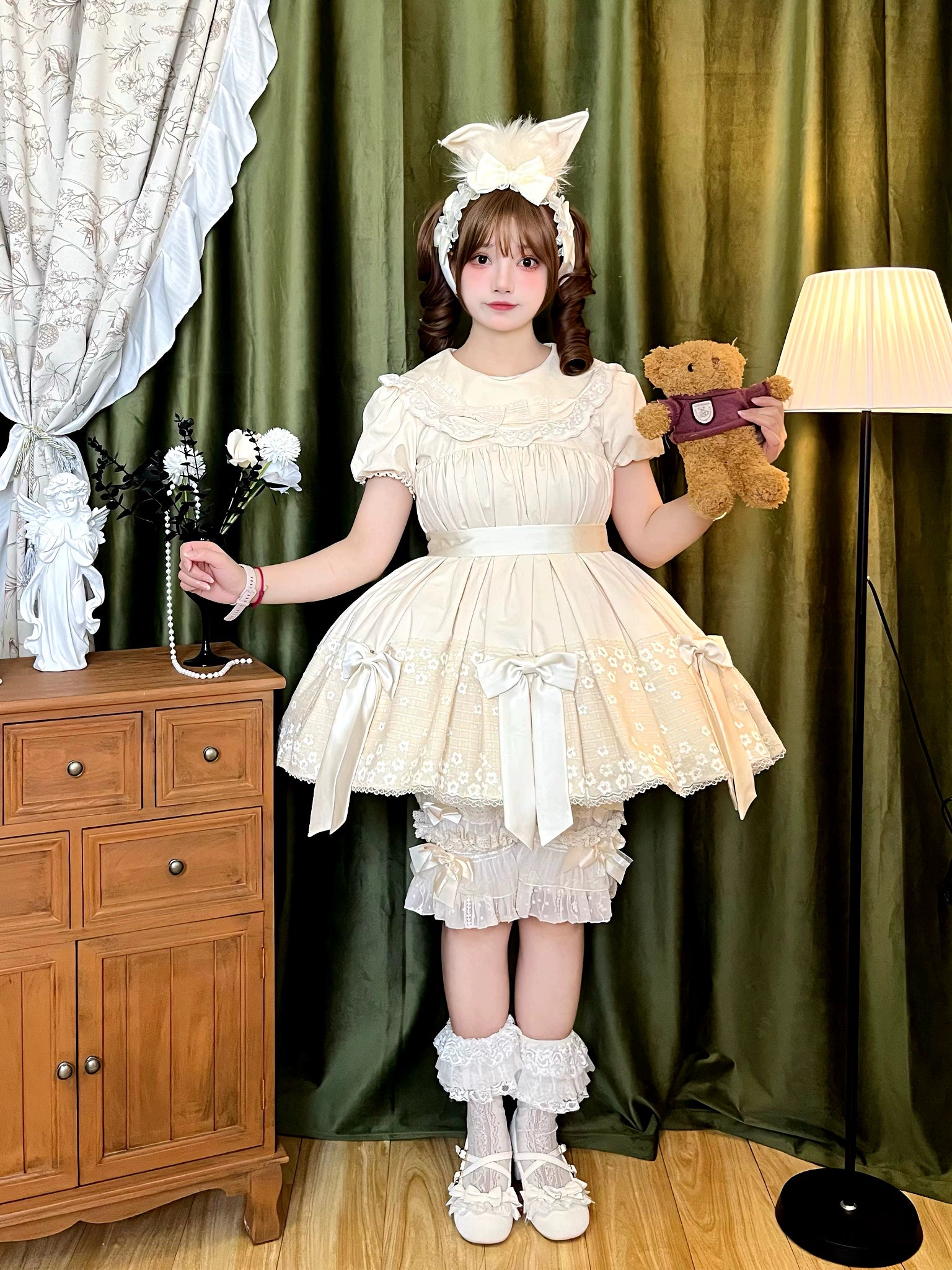 Fresh Tea Lolita - Meringue Frosting - Cotton Kawaii Lolita OP Dress with Satin Bow