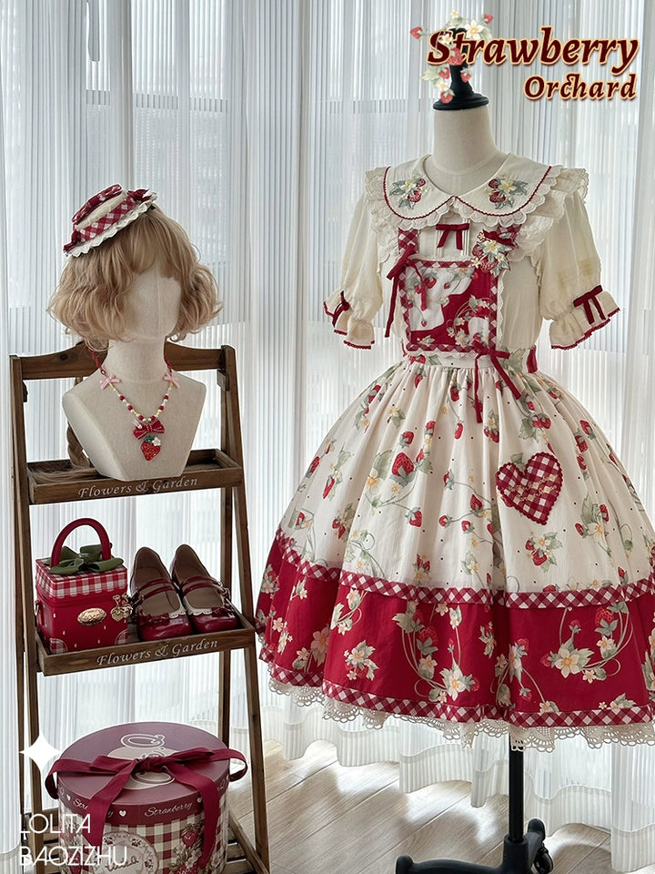 Baozizhu~Sweet Lolita Shirt Strawberry Embroidery Ivory Blouse   