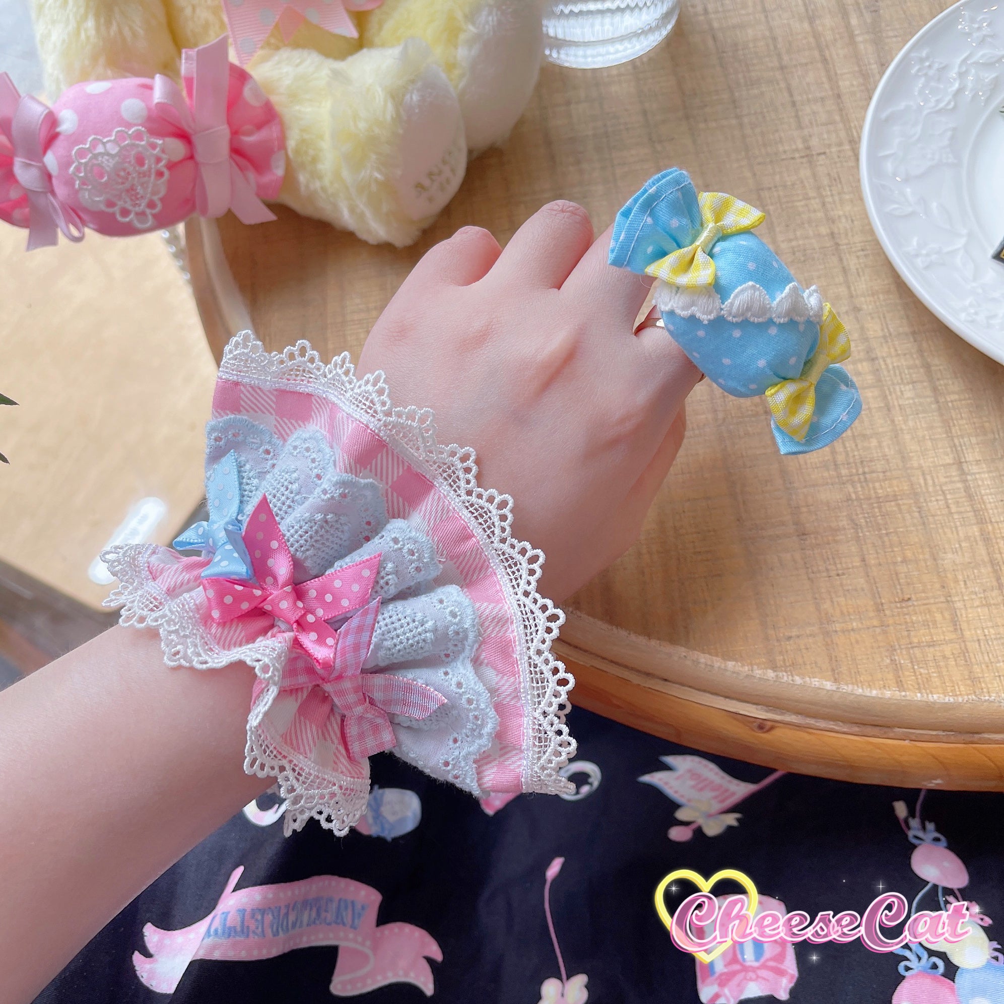 Cheese Cat - Sweet and Playful Strawberry Gingham Lace Cuffs