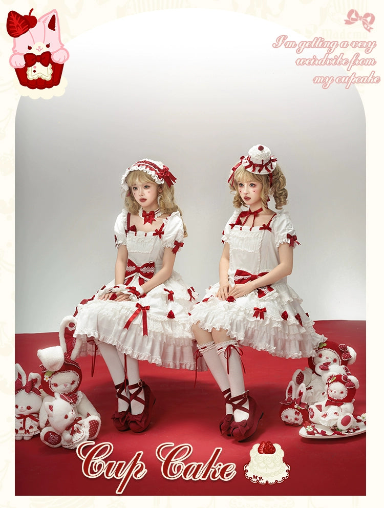 Mademoiselle Pearl - Cup Cake - White, Red Bow, Sweet Lolita Dress Set 43333:773863