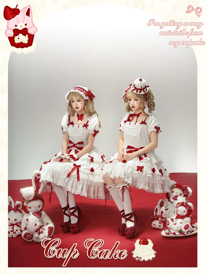 Mademoiselle Pearl - Cup Cake - White, Red Bow, Sweet Lolita Dress Set 43333:773863