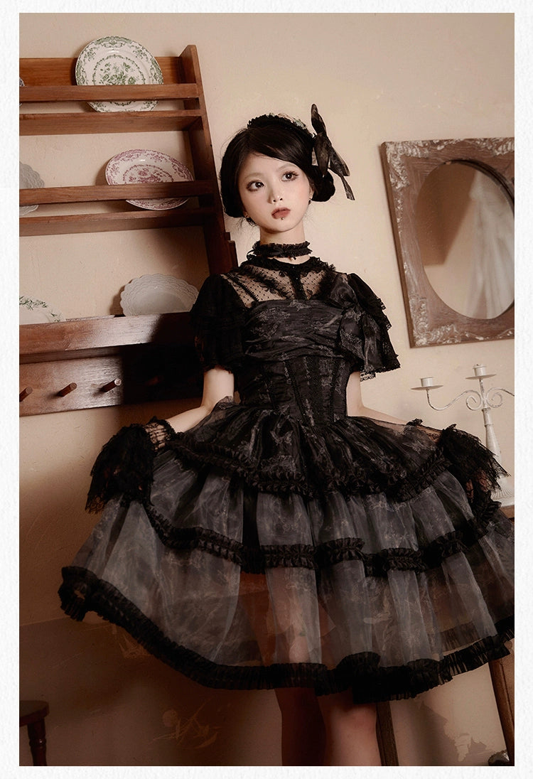 With PUJI~Butterfly Dream SP~Classic Lolita JSK Dress Fishbone Black Dress   