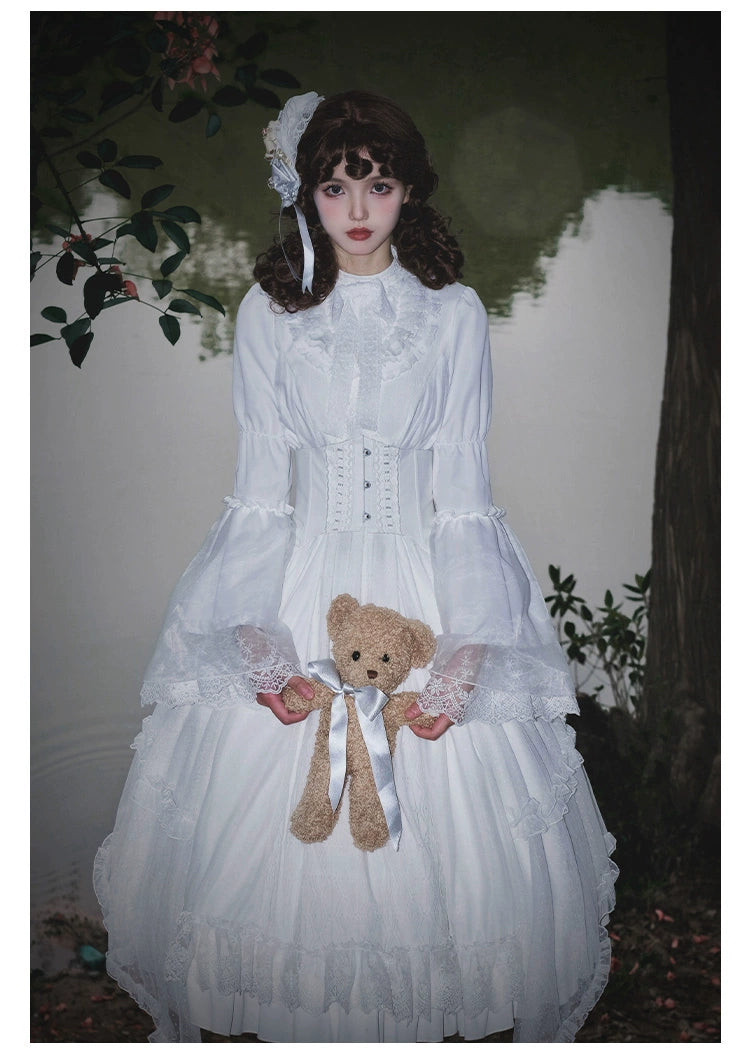 With PUJI~Anhunmeng~Gothic White Lolita OP With Boned Corset Waistband   