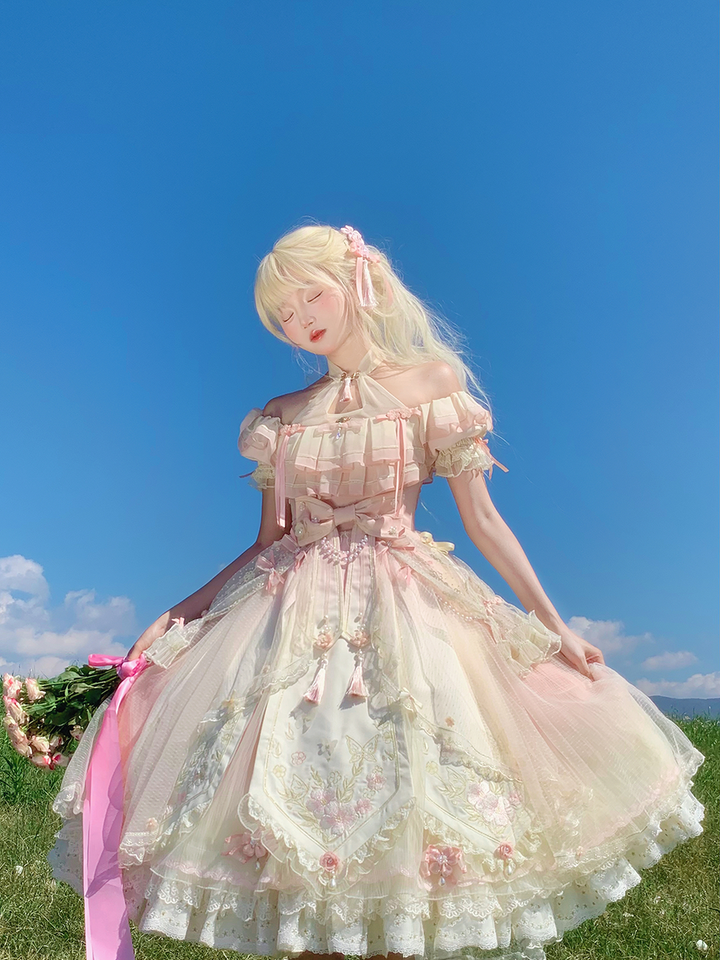 Unicorn Wings~Quetao~Pink Lolita Chinese Style Dress Outfit Halter Collar OP Single Long Dress Only S