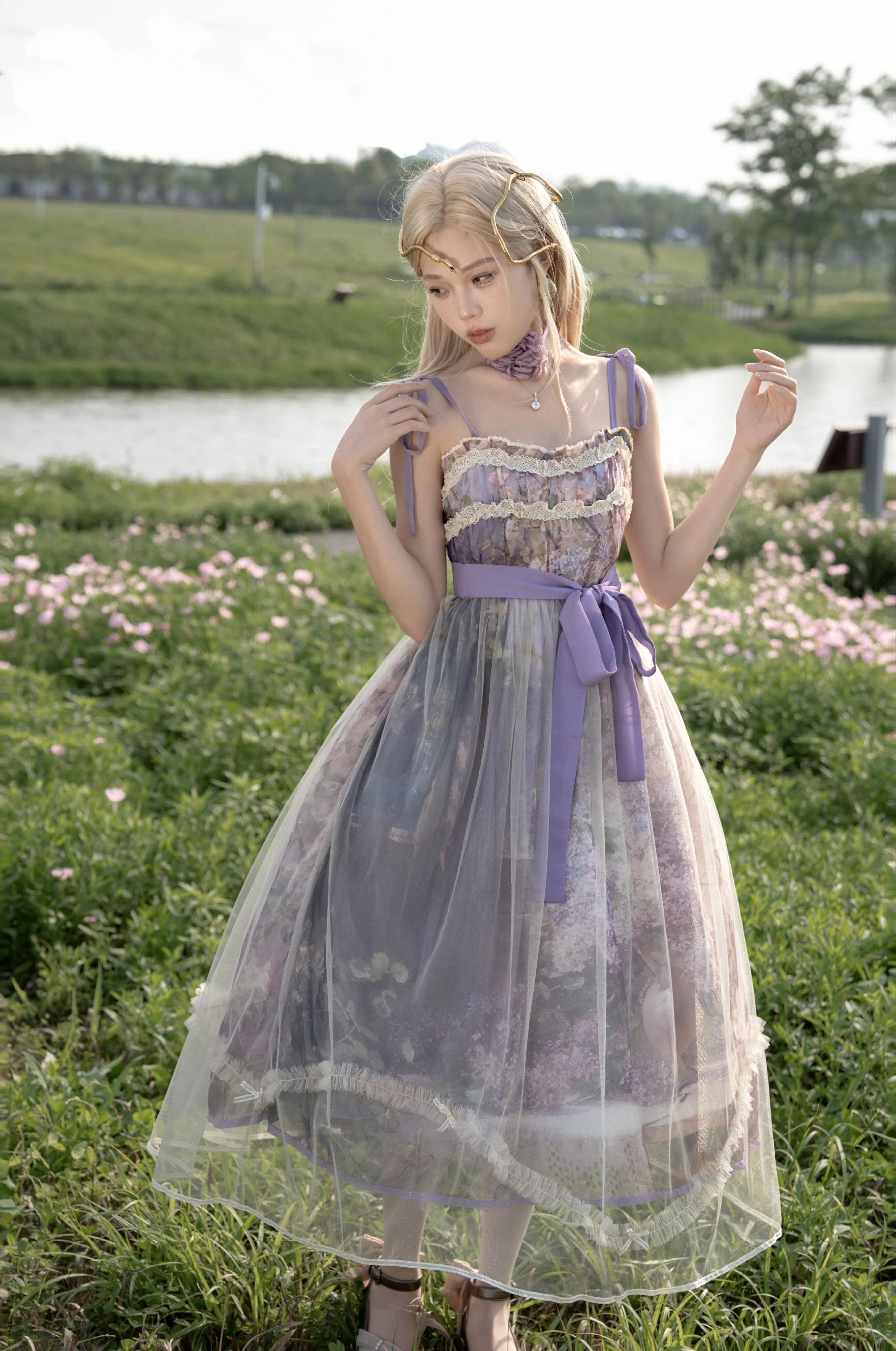 Cyan Lolita - Blooming Tree Shade - Sweet Lolita Strap JSK Bow Oil Painting Print Dress S Blooming JSK dress