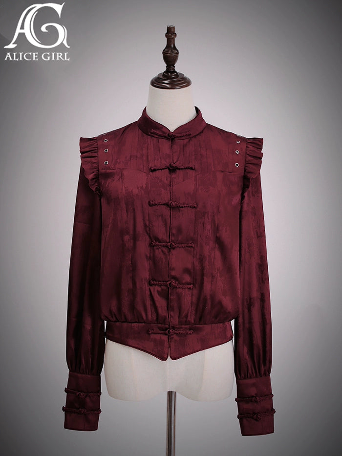 Alice Girl~Bony Dragon~Qi Lolita Shirt Chinese Style Black White Wine Red Blouse Wine red XS 