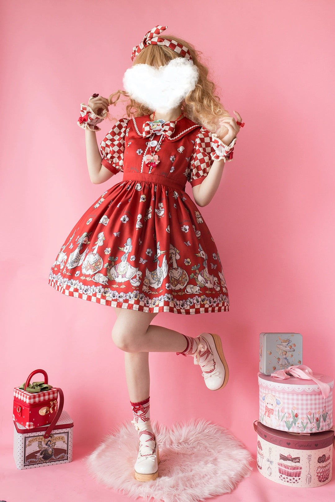 Chemical Romance~Hello Duck~Kawaii Lolita OP Duck Print Lolita Dress S Red 