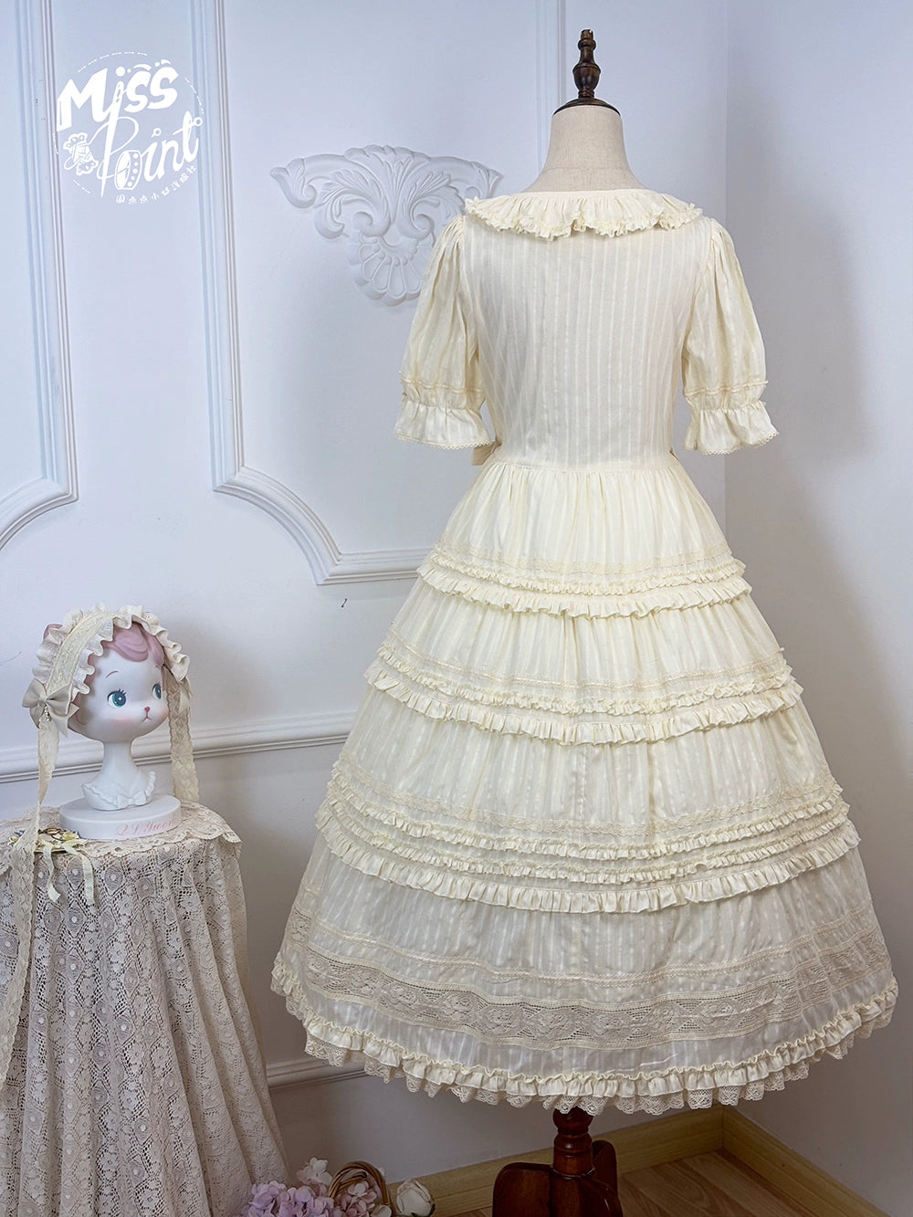 Miss Point~Cat Rose Tea~Elegant Lolita OP Open-front Short Sleeve Tiered Dress 42135:727822