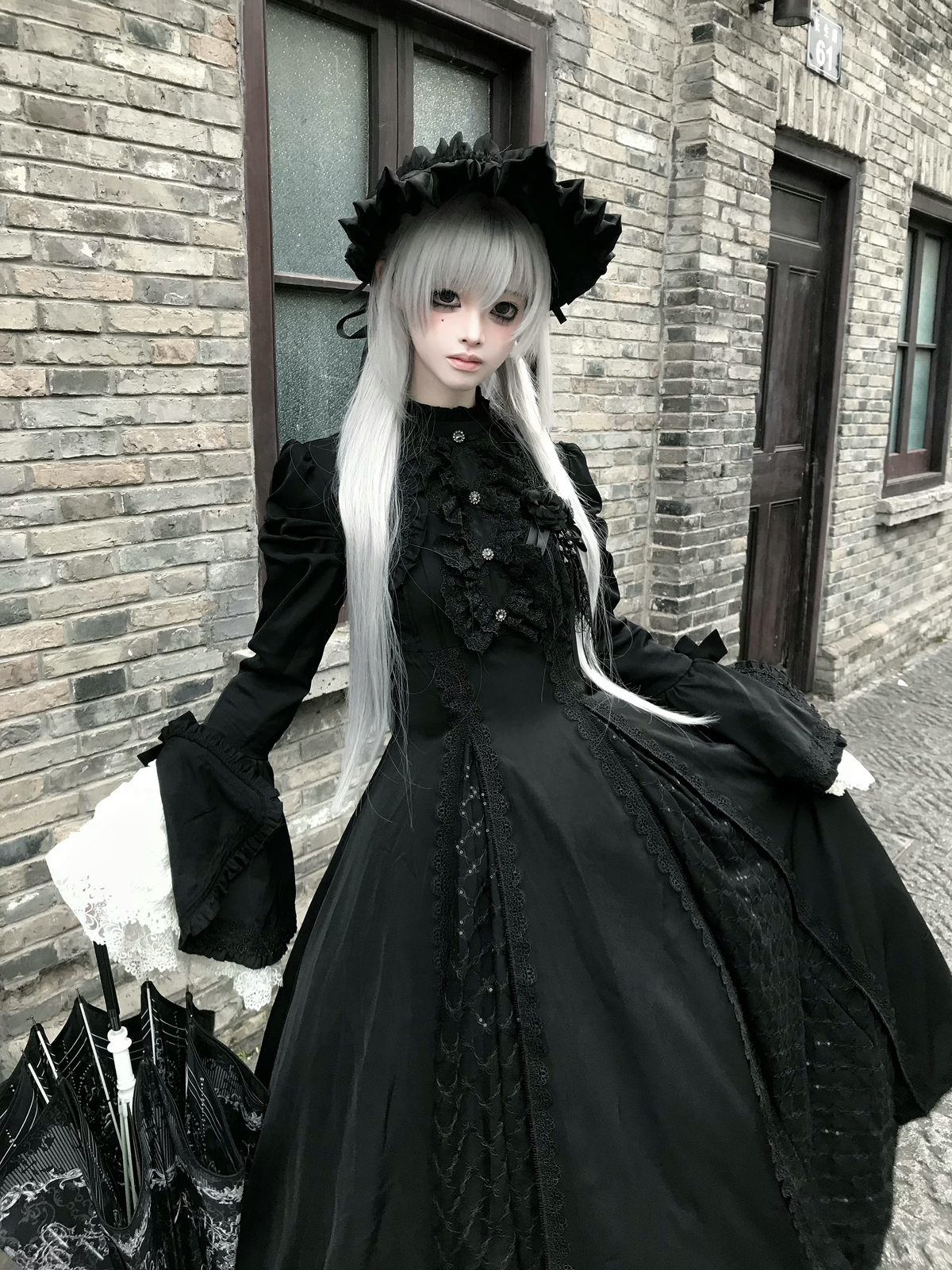 Silver Mist - Halloween Black Gothic Lolita OP Dress, Lace Hime Sleeves