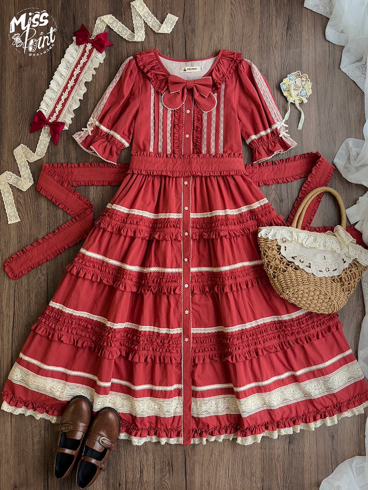 Miss Point~Cat Rose Tea~Elegant Lolita OP Open-front Short Sleeve Tiered Dress 42135:727356