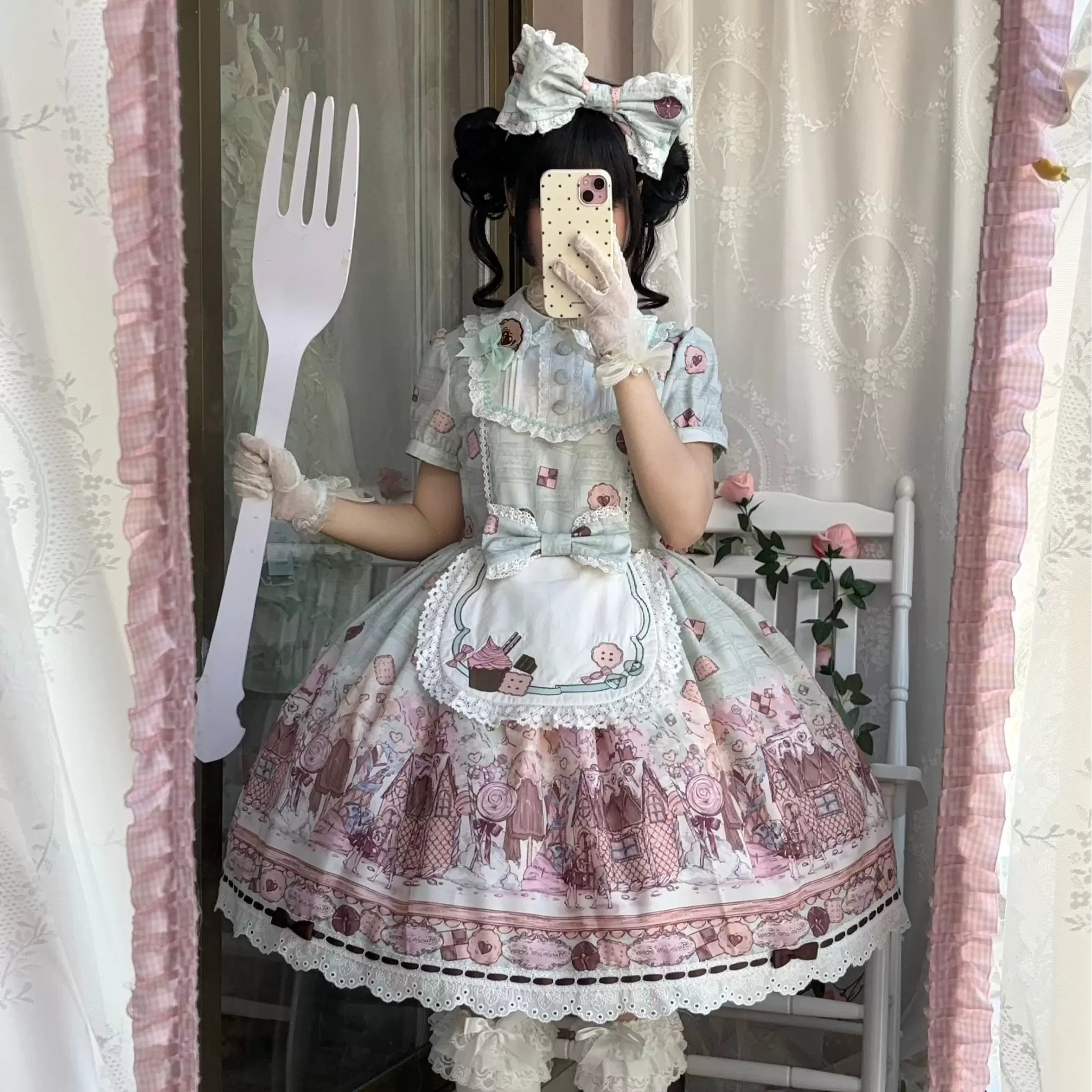 The Story of Frosting Town - Kawaii Lolita Print Dress, Detachable Apron 44387:806528