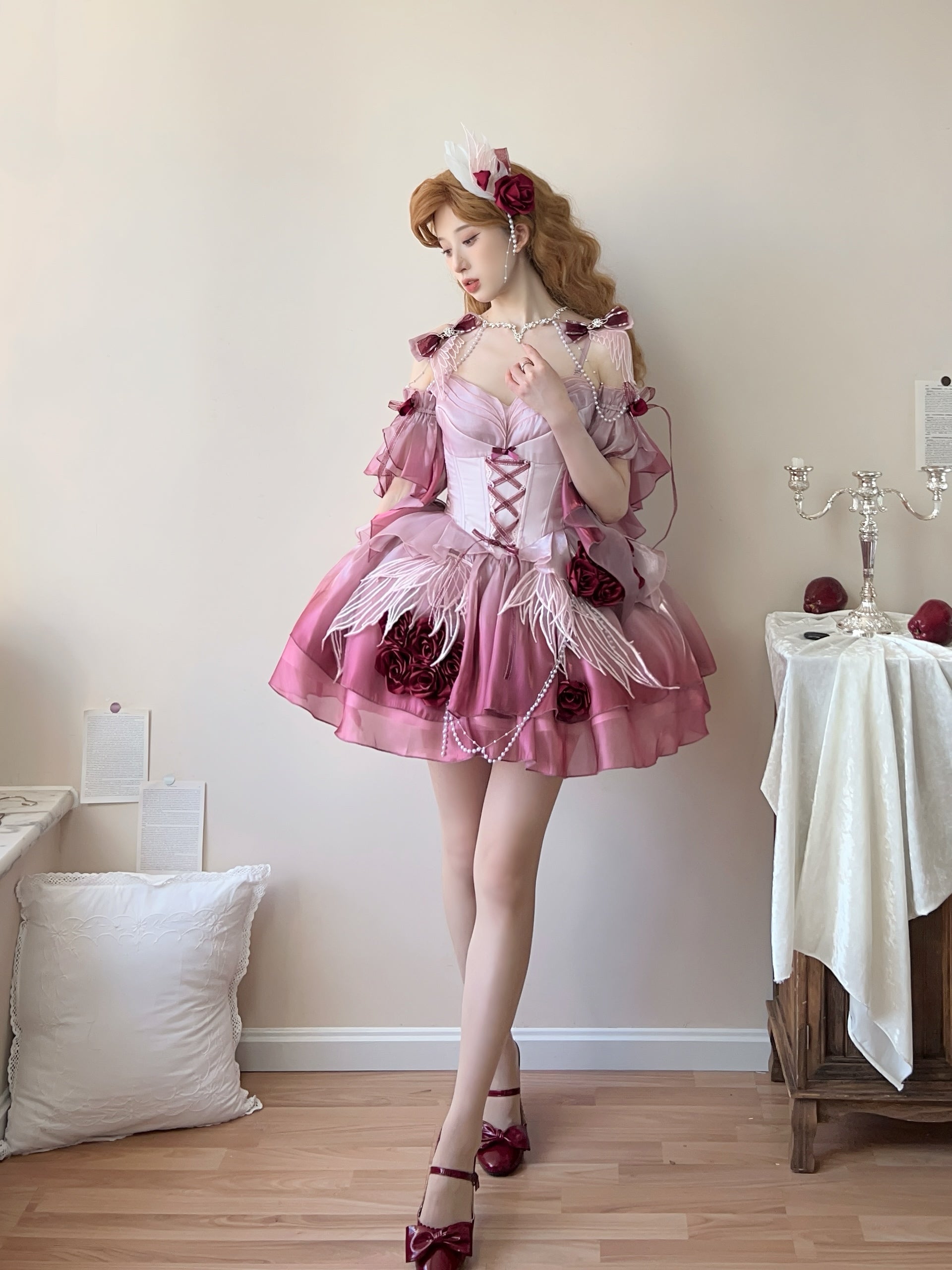 Meowing and fruity - Swan Fantasy - Fairy Lolita Short JSK Ballet-Style Jumper Dress Plum Red - Single JSK Only S