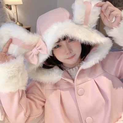 Sissy the shepherd~Cream Rabbit~Cute Rabbit Ears Lolita Coat Soft Plush Overcoat Small size(recommend height<163cm and weight<55kg) Pink 
