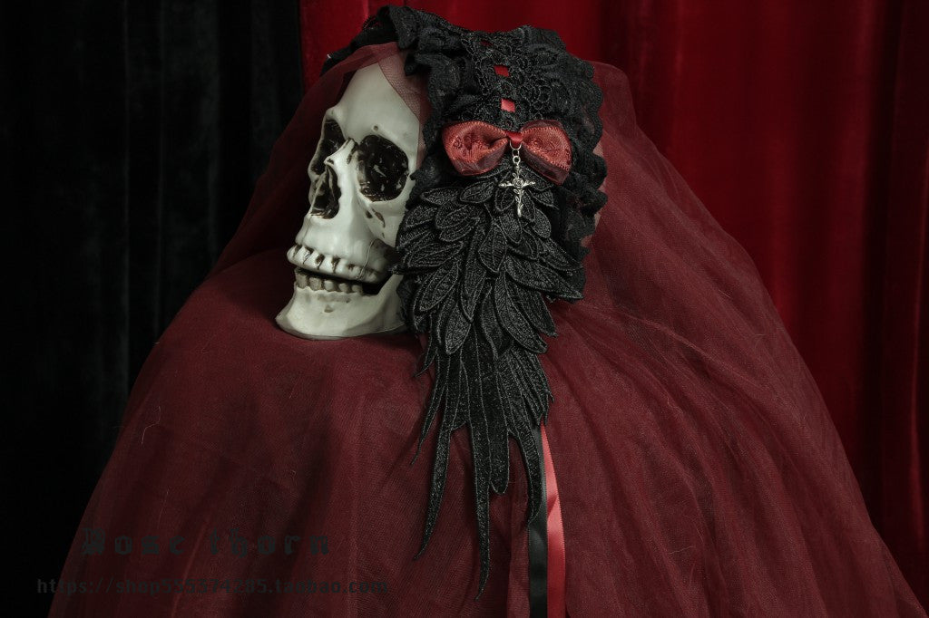 Rose Thorn - Devil Wings - Gothic Lolita Headband with Cross Pendant Custom Clolor Wine Red + Black