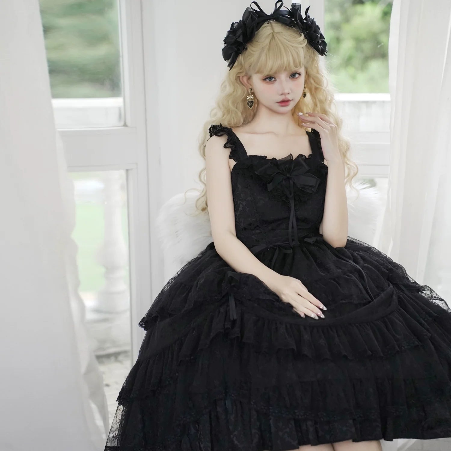 Eieyomi - Iris Love - Elegant Black Lolita JSK Dress, Short Sleeve 44383:806049