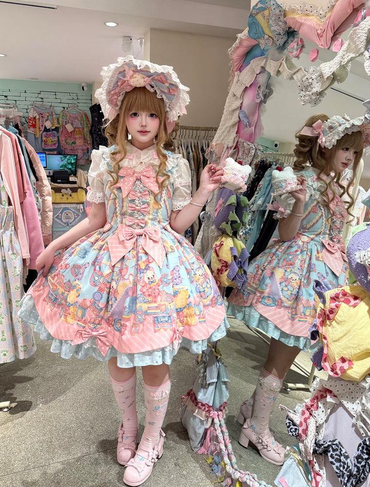 Star Fantasy~Rainbow Buffet Bunny~Candy-Like Kawaii Lolita Dress Suit with Plus Size Shirt S JSK only Blue