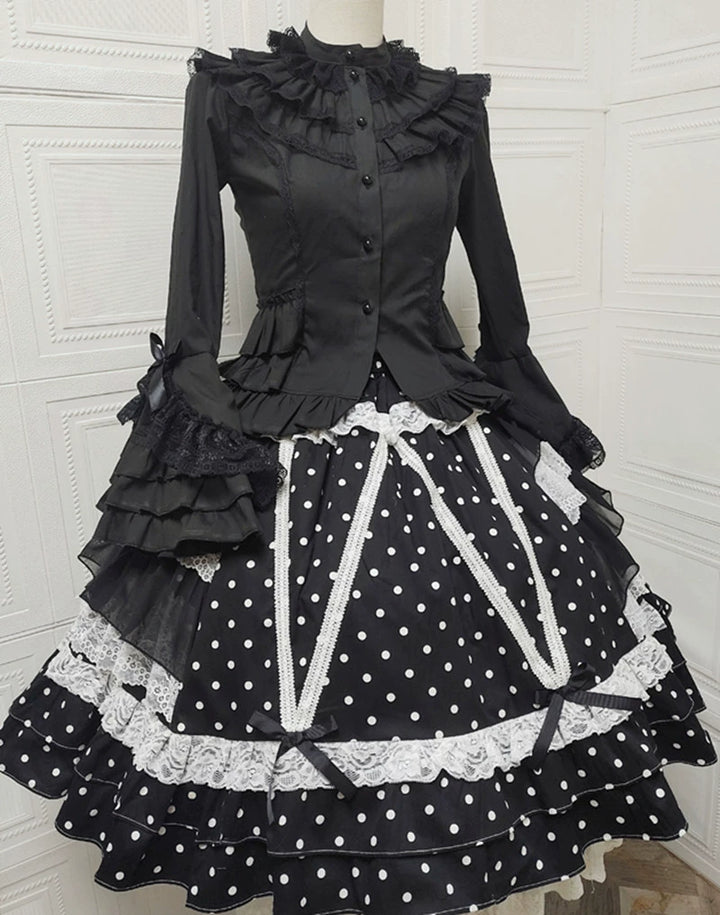 Sweet Angel~Japanese Sweet Lolita Skirt Retro Showa Knee Cake Dress Black skirt with white dots F